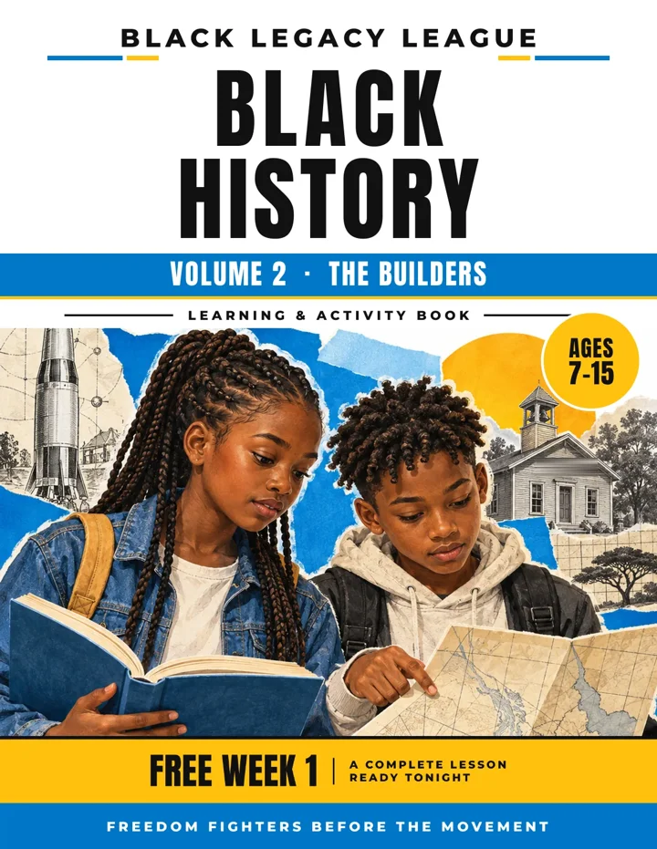 Cover of the free Week 1 sampler from Black Legacy League Volume 2, The Builders, with two young readers, a book and a map.