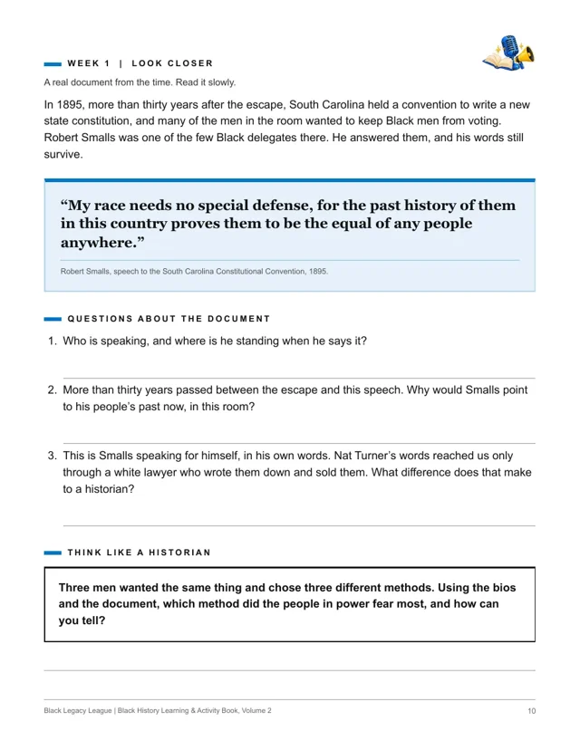 Look Closer page with Robert Smalls’s own words from the 1895 South Carolina convention and questions about the document.