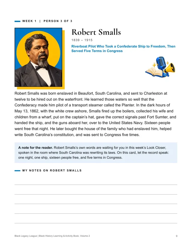 Robert Smalls biography page with a painted portrait, dates and a short kid-sized biography.