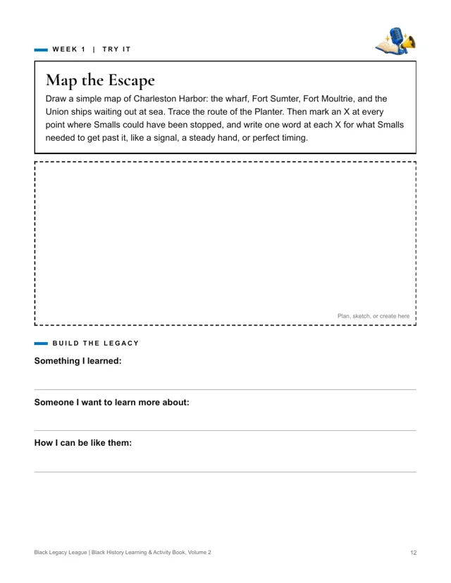 Try It page asking kids to draw a map of Charleston Harbor and trace the Planter’s escape route.