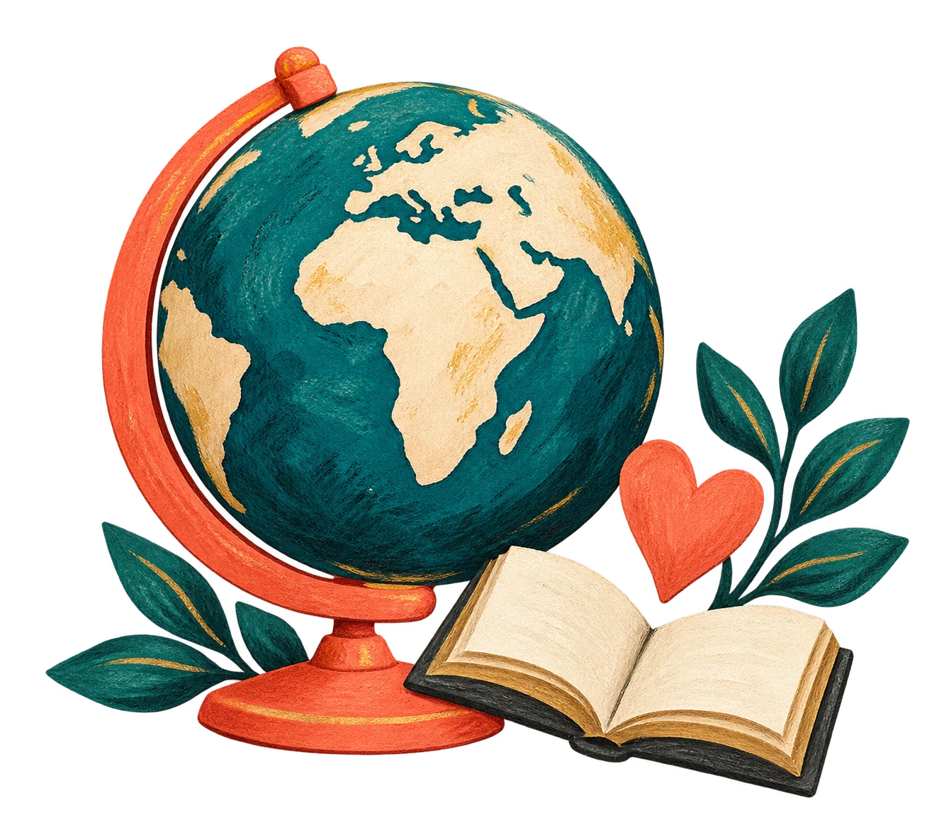 An illustrated globe, open book, heart, and growing leaves.