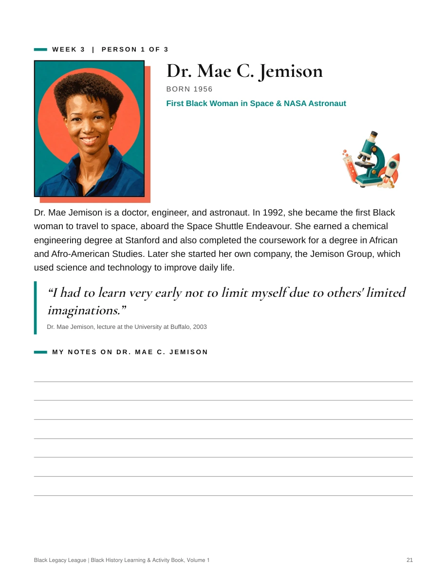 Mae Jemison's biography page with a warm brown illustrated portrait and ruled space for notes.