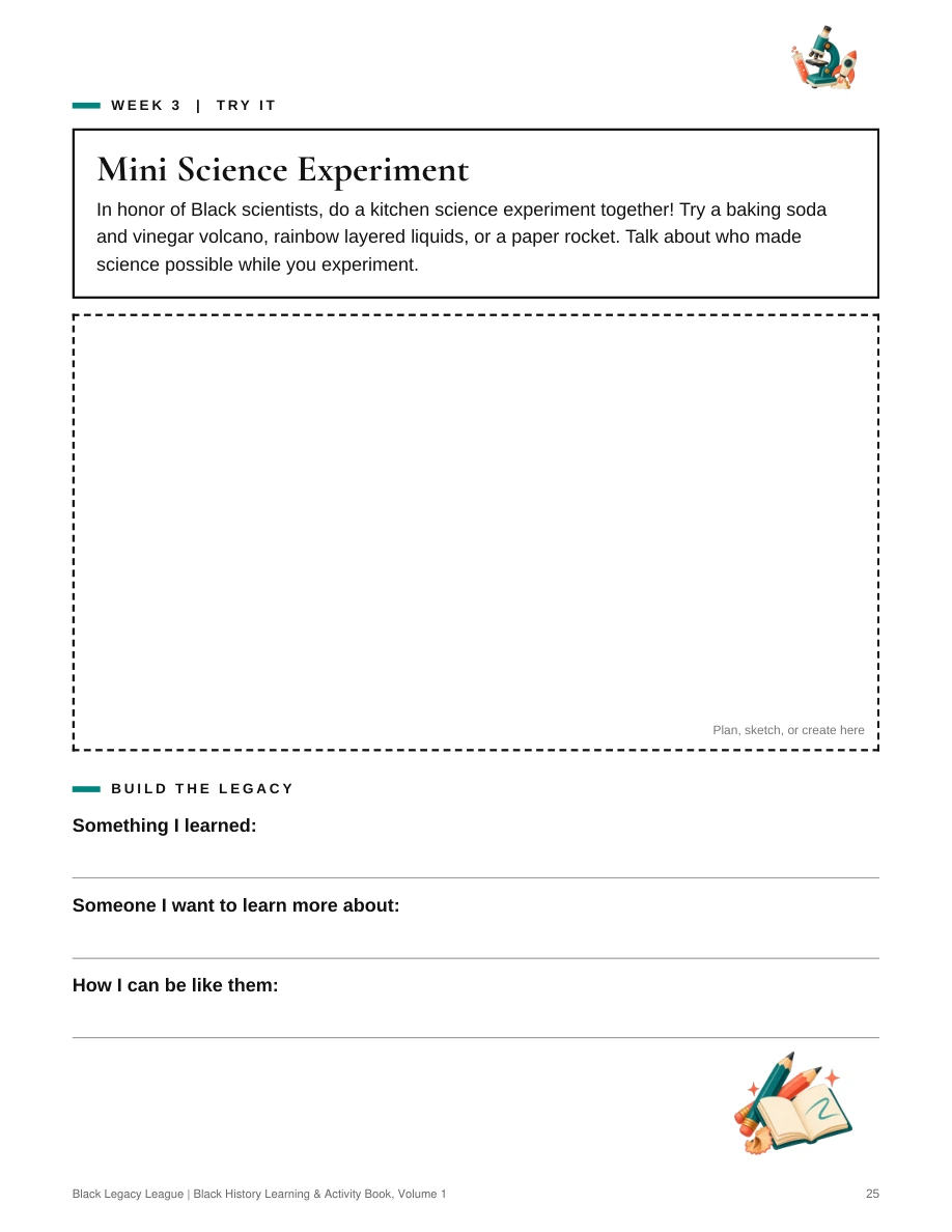 A hands-on science activity with a large sketch box, reflection prompts, and illustrated pencils.